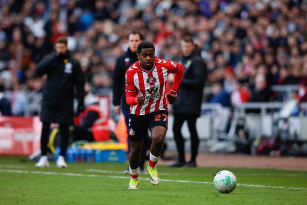 Sunderland v Brighton and Hove Albion, Premier League Noah Sadiki of Sunderland runs at goal during the Premier League match between Sunderland and Brighton and Hove Albion at the Stadium Of Light, Sunderland, UK on 14 March 2026. Sunderland Stadium Of Light Tyne and Wear UK Editorial use only DataCo restrictions apply See www.football-dataco.com , Copyright: xCraigxCowanx PSI-23898-0063