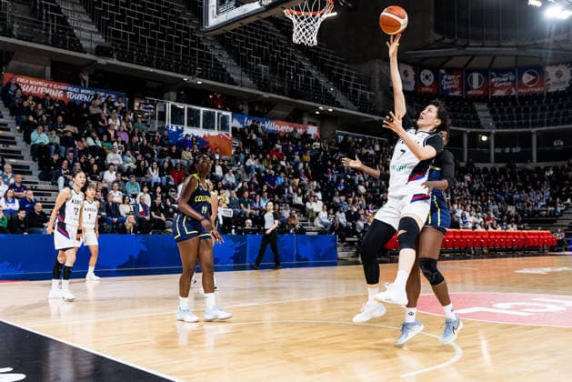 LYON-VILLEURBANNE, FRANCE - MARCH 14: Jisu Park (Republic of Korea, 7) shoots the ball during the FIBA Women™s World Cup Qualifying Tournament match between Republic of Korea (KOR) vs. Colombia (COL) at Astroballe on matchday 3 of the FIBA Women™s World Cup Qualifying Tournament on March 14, 2026 in Lyon-Villeurbanne, France. France Copyright: xSteffiexWunderlx