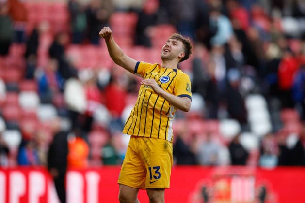 Sunderland v Brighton and Hove Albion, Premier League Jack Hinshelwood of Brighton & Hove Albion celebrates at full time 0-1 during the Premier League match between Sunderland and Brighton and Hove Albion at the Stadium Of Light, Sunderland, UK on 14 March 2026. Sunderland Stadium Of Light Tyne and Wear UK Editorial use only DataCo restrictions apply See www.football-dataco.com , Copyright: xCraigxCowanx PSI-23898-0080