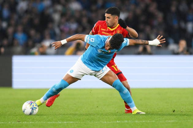 Alisson Santos of SSC Napoli under pressure from Danilo Veiga of US Lecce during the match of 29th day of the Serie A Championship between S.S.C. Napoli and U.S.Lecce at the Maradona Stadium on Mar 14, 2026 in Naples, Italy. during SSC Napoli vs US Lecce, Italian soccer Serie A match in Naples, Italy, March 14 2026  Copyright: xRobertoxRamaccia IPAxSportx xipa-agency.netx xx IPA_72871794 IPA_Agency_IPA72871794