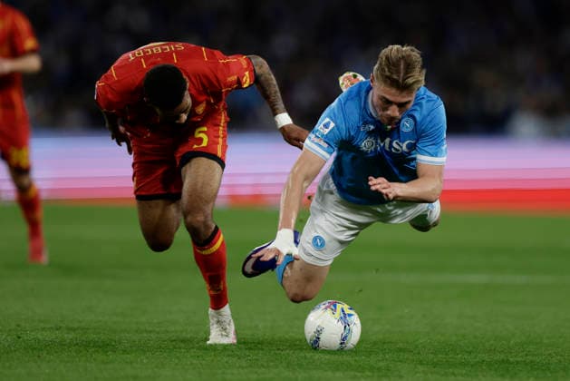 Italy: Serie a football match SSC Napoli vs Lecce Lecce s German defender Jamil Siebert challenges for the ball with Napoli s Danish forward Rasmus Hojlund during the Serie A football match between SSC Napoli vs Lecce at the Diego Armando Maradona Stadium in Naples on March 14, 2026. _BPH8186 Copyright: xAntonioxBalascox