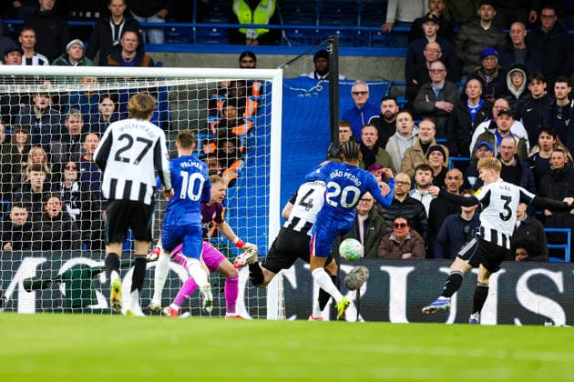 Chelsea v Newcastle United, Premier League Chelsea forward Joao Pedro (20) shoots towards the goal during the Premier League match between Chelsea and Newcastle United at Stamford Bridge, London, UK on 14 March 2026. Editorial use only DataCo restrictions apply See www.football-dataco.com , Copyright: xNigelxKeenex PSI-23886-0051