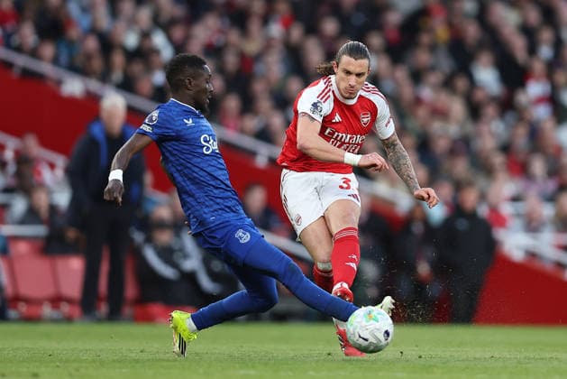 14th March 2026; Emirates Stadium, London, England; Premier League Football, Arsenal versus Everton; Riccardo Calafiori of Arsenal shoots  KatiexChan Content restricted for UK based newspaper