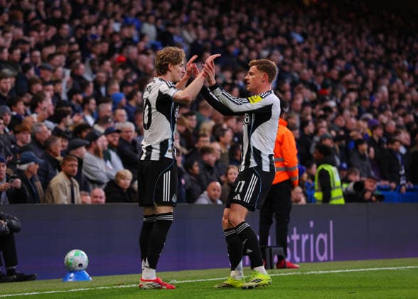 14th March 2026; Stamford Bridge, Chelsea, London, England: Premier League Football, Chelsea versus Newcastle United; Anthony Gordon of Newcastle United celebrates after scoring his sides 1st goal in the 18th minute to make it 0-1 with Harvey Barnes of Newcastle United  JPxFletcher Content restricted for UK based newspaper