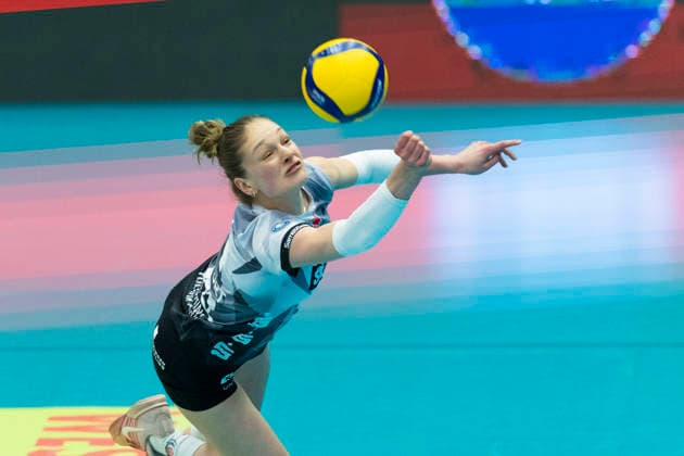 1. Volleyball Bundesliga Frauen: USC Münster vs. Schwarz-Weiss Erfurt; Münster; 14.03.2026 Lotte Goertz ( 4; Schwarz-Weiss Erfurt) 1. Volleyball Bundesliga Frauen: USC Münster vs. Schwarz-Weiss Erfurt; Sporthalle Berg Fidel; 14.03.2026 Copyright: xBEAUTIFULxSPORTS Duehringx