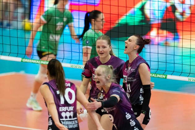 1. Volleyball Bundesliga Frauen: USC Münster vs. Schwarz-Weiss Erfurt; Münster; 14.03.2026 Jubel, Schwarz-Weiss Erfurt 1. Volleyball Bundesliga Frauen: USC Münster vs. Schwarz-Weiss Erfurt; Sporthalle Berg Fidel; 14.03.2026 Copyright: xBEAUTIFULxSPORTS Duehringx