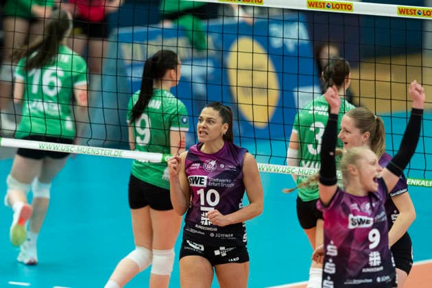 1. Volleyball Bundesliga Frauen: USC Münster vs. Schwarz-Weiss Erfurt; Münster; 14.03.2026 Jubel, Kinga Szücs ( 10; Schwarz-Weiss Erfurt) 1. Volleyball Bundesliga Frauen: USC Münster vs. Schwarz-Weiss Erfurt; Sporthalle Berg Fidel; 14.03.2026 Copyright: xBEAUTIFULxSPORTS Duehringx