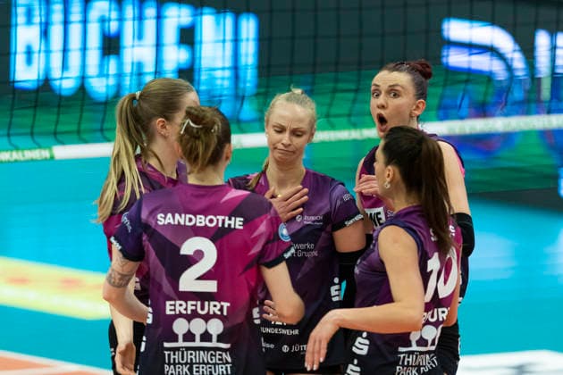 1. Volleyball Bundesliga Frauen: USC Münster vs. Schwarz-Weiss Erfurt; Münster; 14.03.2026 Schwarz-Weiss Erfurt 1. Volleyball Bundesliga Frauen: USC Münster vs. Schwarz-Weiss Erfurt; Sporthalle Berg Fidel; 14.03.2026 Copyright: xBEAUTIFULxSPORTS Duehringx