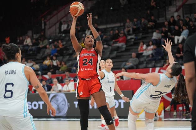 Argentina v Canada - FIBA Women World Cup Qualifiers ISTANBUL, TURKIYE - MARCH 14: Victoria Gauna (R) of Argentina and Aaliyah Edwards (24) of Canada battle for the ball during the FIBA Women’s World Cup Qualifiers Group C basketball match between Argentina and Canada at the Turkcell Basketball Development Center in Istanbul, Turkiye on March 14, 2026. Beyza Comert Anadolu Istanbul Turkey. Editorial use only. Please get in touch for any other usage.  Copyright: x2026xAnadoluxBeyzaxComertx