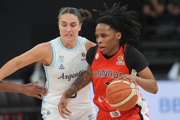 Argentina v Canada - FIBA Women World Cup Qualifiers ISTANBUL, TURKIYE - MARCH 14: Flor Martinez (L) of Argentina and Shaina Pellington (R) of Canada battle for the ball during the FIBA Women’s World Cup Qualifiers Group C basketball match between Argentina and Canada at the Turkcell Basketball Development Center in Istanbul, Turkiye on March 14, 2026. Beyza Comert Anadolu Istanbul Turkey. Editorial use only. Please get in touch for any other usage.  Copyright: x2026xAnadoluxBeyzaxComertx