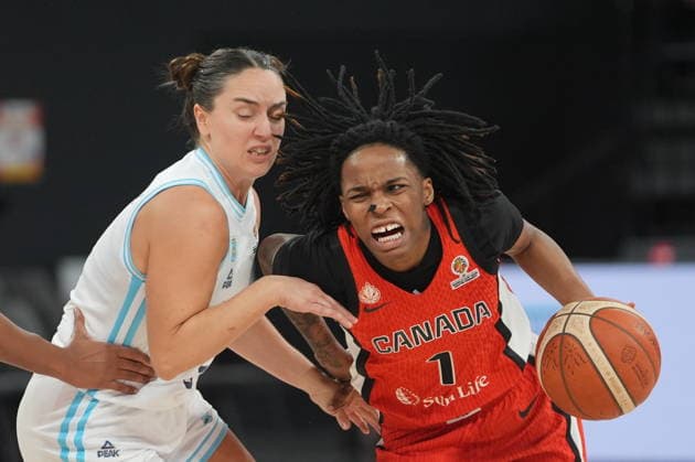 Argentina v Canada - FIBA Women World Cup Qualifiers ISTANBUL, TURKIYE - MARCH 14: Flor Martinez (L) of Argentina and Shaina Pellington (R) of Canada battle for the ball during the FIBA Women’s World Cup Qualifiers Group C basketball match between Argentina and Canada at the Turkcell Basketball Development Center in Istanbul, Turkiye on March 14, 2026. Beyza Comert Anadolu Istanbul Turkey. Editorial use only. Please get in touch for any other usage.  Copyright: x2026xAnadoluxBeyzaxComertx