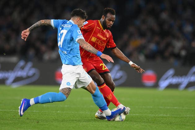 14th March 2026, Stadio Diego Armando Maradona, Naples, Italy; Serie A Football; Napoli versus Lecce; Lassana Coulibaly of US Lecce under pressure from Mathias Olivera of SSC Napoli  AllShotLive Content restricted for UK based newspaper