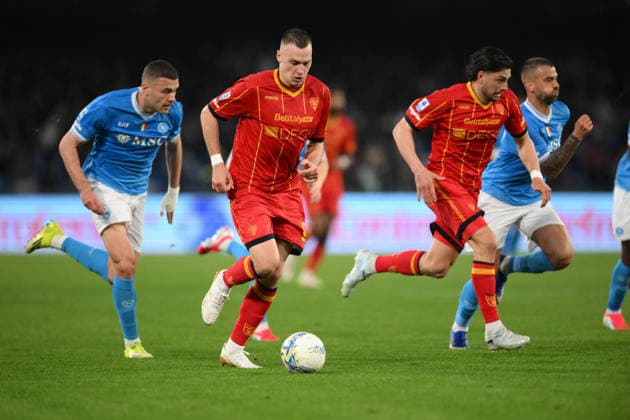 CALCIO - Serie A - SSC Napoli vs US Lecce Nikola Stulic of US Lecce on the ball during the match of 29th day of the Serie A Championship between S.S.C. Napoli and U.S.Lecce at the Maradona Stadium on Mar 14, 2026 in Naples, Italy. during SSC Napoli vs US Lecce, Italian soccer Serie A match in Naples, Italy, March 14 2026 Naples Italy  Copyright: xIPAxSport ABACAx