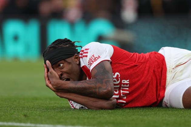 Arsenal v Everton 14 March 2026 London - Arsenal v Everton - Premier League football - Noni Madueke of Arsenal looks to see if he was awarded a free kick - (Photo by Mark Leech). London UK Copyright: xMarkxLeechxOffside
