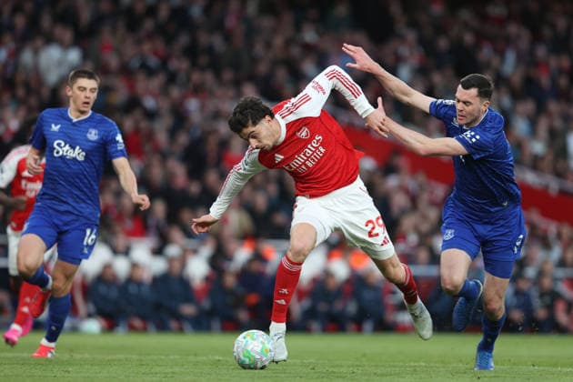 Arsenal v Everton 14 March 2026 London - Arsenal v Everton - Premier League football - Kai Havertz of Arsenal stumbles as he is challenged by Michael Keane of Everton in the penalty area - (Photo by Mark Leech). London UK Copyright: xMarkxLeechxOffside