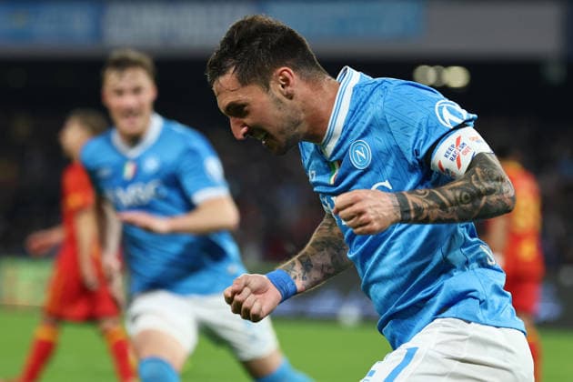 Matteo Politano of SSC Napoli celebrates after scoring the goal of 2-1 during the Serie A 2025 2026 football match between SSC Napoli and US Lecce at Diego Armando Maradona stadium in Naples (Italy), March 14th, 2026. CesarexPurini
