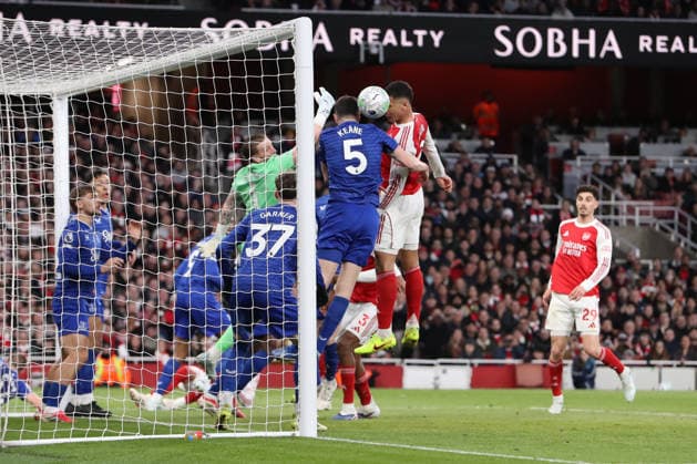 14th March 2026; Emirates Stadium, London, England; Premier League Football, Arsenal versus Everton; Michael Keane of Everton and William Saliba of Arsenal compete for the headed ball at an Arsenal corner  KatiexChan Content restricted for UK based newspaper