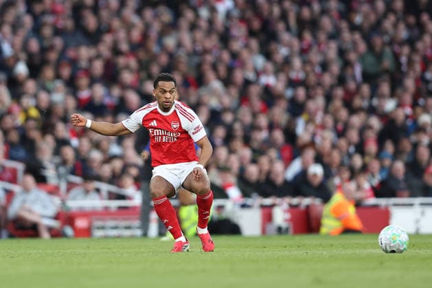 14th March 2026; Emirates Stadium, London, England; Premier League Football, Arsenal versus Everton; Jurrien Timber of Arsenal passes the ball  KatiexChan Content restricted for UK based newspaper