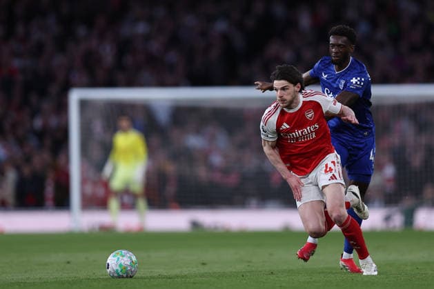 14th March 2026; Emirates Stadium, London, England; Premier League Football, Arsenal versus Everton; Declan Rice of Arsenal is tripped by Tim Iroegbunam of Everton but plays go on with advantage  KatiexChan Content restricted for UK based newspaper