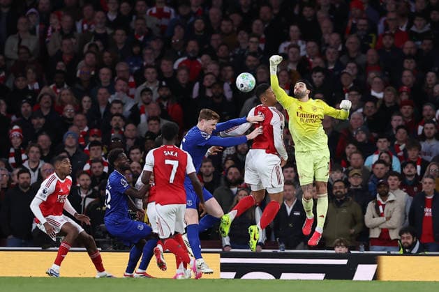 14th March 2026; Emirates Stadium, London, England; Premier League Football, Arsenal versus Everton; goalkeeper David Raya of Arsenal punches the ball away  KatiexChan Content restricted for UK based newspaper