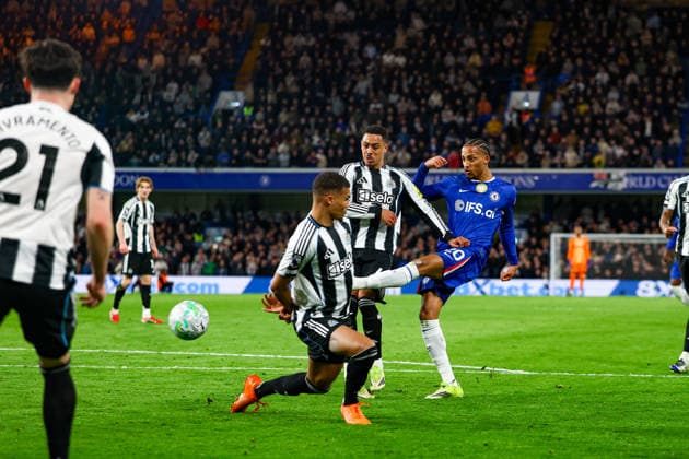Chelsea v Newcastle United, Premier League Chelsea forward Joao Pedro (20) shoots towards the goal during the Premier League match between Chelsea and Newcastle United at Stamford Bridge, London, UK on 14 March 2026. Editorial use only DataCo restrictions apply See www.football-dataco.com , Copyright: xNigelxKeenex PSI-23886-0082