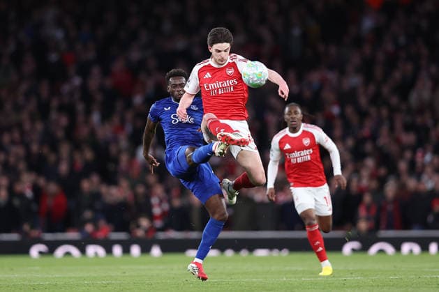 14th March 2026; Emirates Stadium, London, England; Premier League Football, Arsenal versus Everton; Tim Iroegbunam of Everton and Declan Rice of Arsenal compete for the ball  KatiexChan Content restricted for UK based newspaper