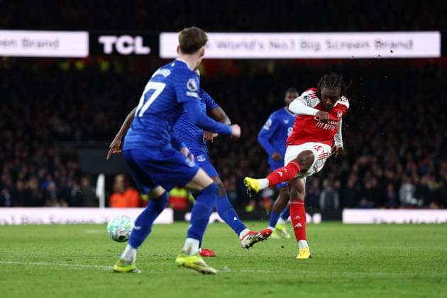 Eberechi Eze of Arsenal with a shot on goal Arsenal v Everton, Premier League, Football, Emirates Stadium, London, UK - 14 Mar 2026London Emirates Stadium United Kingdom EDITORIAL USE ONLY No use with unauthorised audio, video, data, fixture lists, club league logos or live services. Online in-match use limited to 120 images, no video emulation. No use in betting, games or single club league player publications. Copyright: xSimonxDael Shutterstockx 16757237an