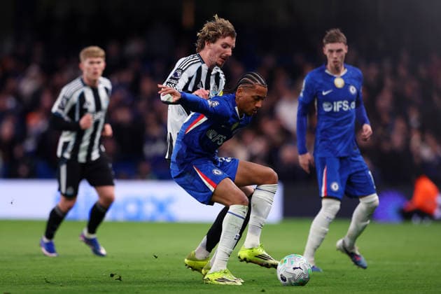 14th March 2026; Stamford Bridge, Chelsea, London, England: Premier League Football, Chelsea versus Newcastle United; Joao Pedro of Chelsea under pressure from Nick Woltemade of Newcastle United  JPxFletcher Content restricted for UK based newspaper