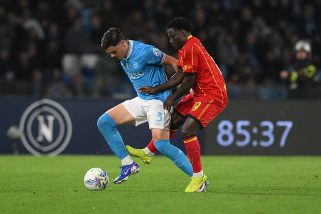 14th March 2026, Stadio Diego Armando Maradona, Naples, Italy; Serie A Football; Napoli versus Lecce; Miguel Gutierrez of SSC Napoli under pressure from Lameck Banda of US Lecce  AllShotLive Content restricted for UK based newspaper