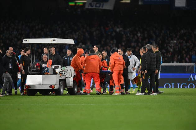 14th March 2026, Stadio Diego Armando Maradona, Naples, Italy; Serie A Football; Napoli versus Lecce; Lameck Banda of US Lecce is carried into the ambulance  AllShotLive Content restricted for UK based newspaper