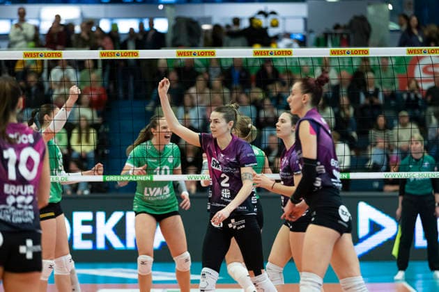 1. Volleyball Bundesliga Frauen: USC Münster vs. Schwarz-Weiss Erfurt; Münster; 14.03.2026 Elizabeth Sandbothe ( 2; Schwarz-Weiss Erfurt) (Bildmitte) 1. Volleyball Bundesliga Frauen: USC Münster vs. Schwarz-Weiss Erfurt; Sporthalle Berg Fidel; 14.03.2026 Copyright: xBEAUTIFULxSPORTS Duehringx