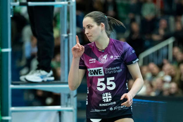 1. Volleyball Bundesliga Frauen: USC Münster vs. Schwarz-Weiss Erfurt; Münster; 14.03.2026 Mia Anna Stauß ( 55; Schwarz-Weiss Erfurt) 1. Volleyball Bundesliga Frauen: USC Münster vs. Schwarz-Weiss Erfurt; Sporthalle Berg Fidel; 14.03.2026 Copyright: xBEAUTIFULxSPORTS Duehringx