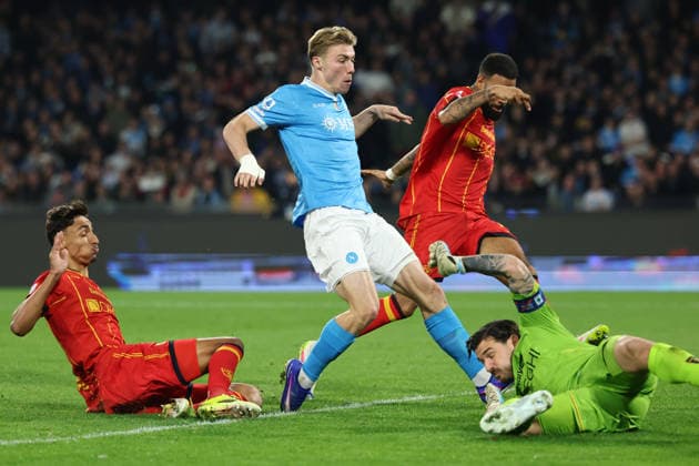 Rasmus Hojlund of SSC Napoliscores the goal of 1-1 during the Serie A 2025 2026 football match between SSC Napoli and US Lecce at Diego Armando Maradona stadium in Naples (Italy), March 14th, 2026. CesarexPurini