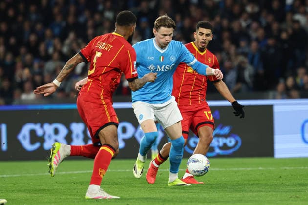 Scott McTominay of SSC Napoli and Danilo Veiga of US Lecce compete for the ball during the Serie A 2025 2026 football match between SSC Napoli and US Lecce at Diego Armando Maradona stadium in Naples (Italy), March 14th, 2026. CesarexPurini
