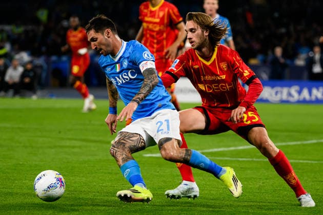 Antonino Gallo of US Lecce and Matteo Politano of SSC Napoli compete for the ball during the Serie A 2025 2026 football match between SSC Napoli and US Lecce at Diego Armando Maradona stadium in Naples (Italy), March 14, 2026. andreaxstaccioli