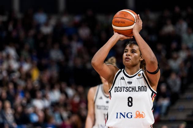 LYON-VILLEURBANNE, FRANCE - MARCH 14: Nyara Sabally (Germany, 8) on the freethrow line during the FIBA Women™s World Cup Qualifying Tournament match between Germany (GER) vs. France (FRA) at Astroballe on matchday 3 of the FIBA Women™s World Cup Qualifying Tournament on March 14, 2026 in Lyon-Villeurbanne, France. France Copyright: xSteffiexWunderlx