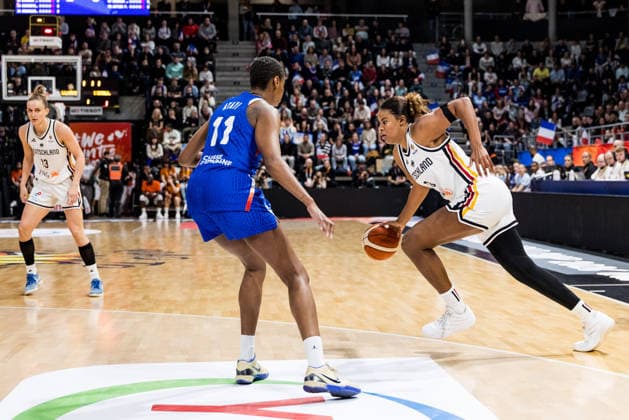 LYON-VILLEURBANNE, FRANCE - MARCH 14: Nyara Sabally (Germany, 8) controls the ball against Valeriane Ayayi (France, 11) during the FIBA Women™s World Cup Qualifying Tournament match between Germany (GER) vs. France (FRA) at Astroballe on matchday 3 of the FIBA Women™s World Cup Qualifying Tournament on March 14, 2026 in Lyon-Villeurbanne, France. France Copyright: xSteffiexWunderlx
