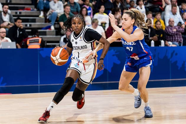 LYON-VILLEURBANNE, FRANCE - MARCH 14: Alexis Peterson (Germany, 1) controls the ball against Romane Bernies (France, 47) during the FIBA Women™s World Cup Qualifying Tournament match between Germany (GER) vs. France (FRA) at Astroballe on matchday 3 of the FIBA Women™s World Cup Qualifying Tournament on March 14, 2026 in Lyon-Villeurbanne, France. France Copyright: xSteffiexWunderlx