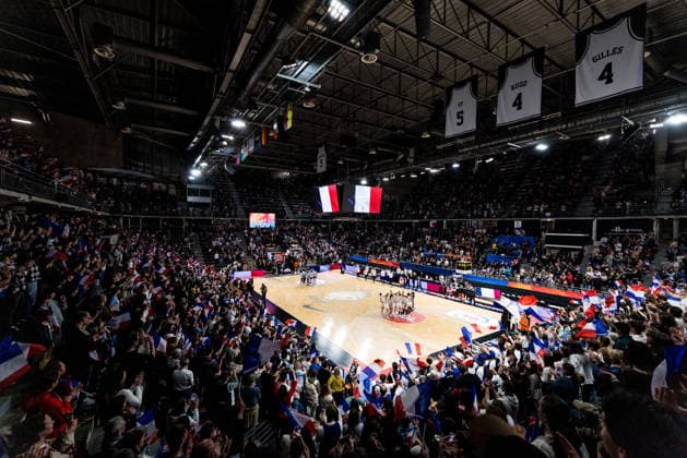 LYON-VILLEURBANNE, FRANCE - MARCH 14: Sold out venue, both teams on court for the national anthems before the FIBA Women™s World Cup Qualifying Tournament match between Germany (GER) vs. France (FRA) at Astroballe on matchday 3 of the FIBA Women™s World Cup Qualifying Tournament on March 14, 2026 in Lyon-Villeurbanne, France. France Copyright: xSteffiexWunderlx