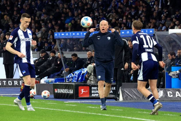 DEU, DFL, 2. FBL, Hertha BSC vs. VfL Bochum, 14.03.2026, Berliner Olympiastadion, Berlin, DEU, DFL, 2. FBL, Hertha BSC vs. VfL Bochum, im Bild Paul Seguin (Hertha BSC Berlin 30), Michael Cuisance (Hertha BSC Berlin 10), Cheftrainer UWE ROESLER (VfL Bochum) DFL - regulations prohibit any use of Photographs as image sequences and or quasi-video