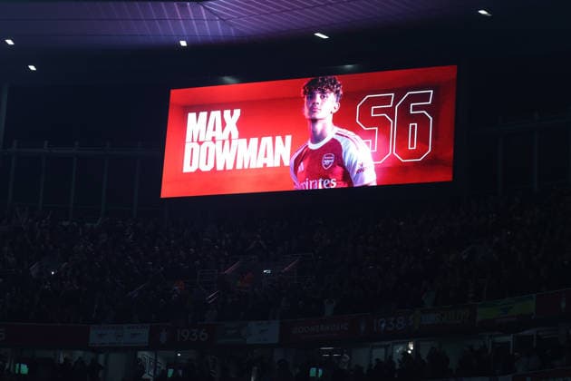 Arsenal v Everton 14 March 2026 London - Arsenal v Everton - Premier League football - Arsenal goal scorer Max Dowman gets his name in lights on the big screen at The Emirates Stadium - (Photo by Mark Leech). London UK Copyright: xMarkxLeechxOffside