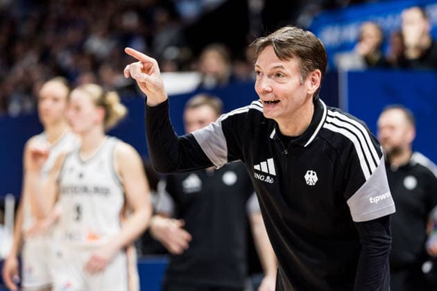 LYON-VILLEURBANNE, FRANCE - MARCH 14: Olaf Lange (Head Coach Germany) gestures during the FIBA Women™s World Cup Qualifying Tournament match between Germany (GER) vs. France (FRA) at Astroballe on matchday 3 of the FIBA Women™s World Cup Qualifying Tournament on March 14, 2026 in Lyon-Villeurbanne, France. France Copyright: xSteffiexWunderlx