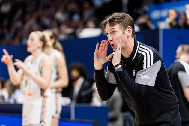 LYON-VILLEURBANNE, FRANCE - MARCH 14: Olaf Lange (Head Coach Germany) yelling during the FIBA Women™s World Cup Qualifying Tournament match between Germany (GER) vs. France (FRA) at Astroballe on matchday 3 of the FIBA Women™s World Cup Qualifying Tournament on March 14, 2026 in Lyon-Villeurbanne, France. France Copyright: xSteffiexWunderlx