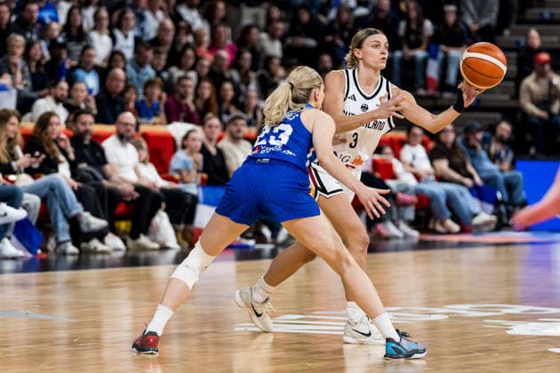 LYON-VILLEURBANNE, FRANCE - MARCH 14: Alexandra Wilke (Germany, 3) controls the ball against Marine Johannes (France, 23) during the FIBA Women™s World Cup Qualifying Tournament match between Germany (GER) vs. France (FRA) at Astroballe on matchday 3 of the FIBA Women™s World Cup Qualifying Tournament on March 14, 2026 in Lyon-Villeurbanne, France. France Copyright: xSteffiexWunderlx