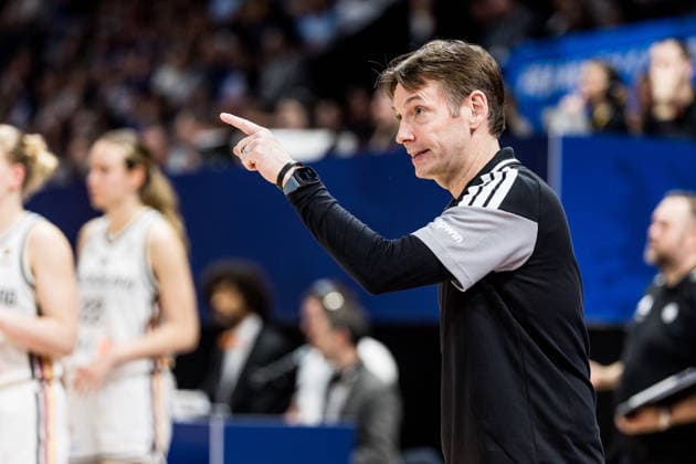 LYON-VILLEURBANNE, FRANCE - MARCH 14: Olaf Lange (Head Coach Germany) gestures during the FIBA Women™s World Cup Qualifying Tournament match between Germany (GER) vs. France (FRA) at Astroballe on matchday 3 of the FIBA Women™s World Cup Qualifying Tournament on March 14, 2026 in Lyon-Villeurbanne, France. France Copyright: xSteffiexWunderlx