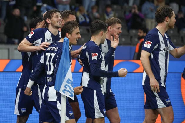 14.03.2026, xtgx, Fussball - 2.Bundesliga Hertha BSC Berlin - VfL Bochum emspor, v.l. Jubel nach dem 1:0 durch Dawid Kownacki (Hertha, 9) (DFL DFB REGULATIONS PROHIBIT ANY USE OF PHOTOGRAPHS as IMAGE SEQUENCES and or QUASI-VIDEO) Berlin