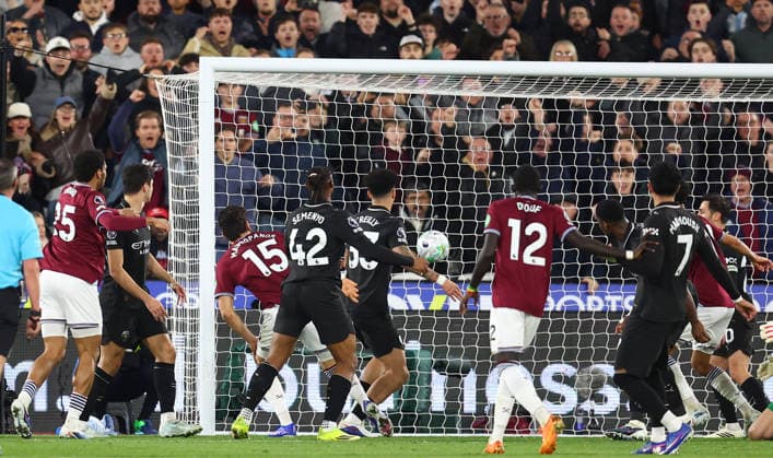 London, England, 14th March 2026. Konstantinos Mavropanos of West Ham United scores to make it 1-1 during the West Ham United vs Manchester City Premier League match at the London Stadium, London. Picture credit should read: Paul Terry Sportimage EDITORIAL USE ONLY. No use with unauthorised audio, video, data, fixture lists, club league logos or live services. Online in-match use limited to 120 images, no video emulation. No use in betting, games or single club league player publications. SPI_017_PT_West_Ham_Man_City SPI-4602-0018
