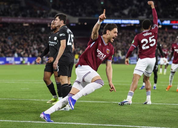 West Ham v Man City 14 March 2026, London - Premier League Football - West Ham United v Manchester City - Konstantinos Mavropanos of West Ham United celebrates scoring their 1st goal to bring the score to 1-1 - Photo: Charlotte Wilson Offside. London UK Copyright: xCharlottexWilsonx xOffsidexOffside