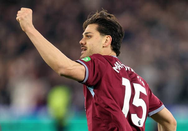 West Ham v Man City 14 March 2026, London - Premier League Football - West Ham United v Manchester City - Konstantinos Mavropanos of West Ham United celebrates scoring their 1st goal to bring the score to 1-1 - Photo: Charlotte Wilson Offside. London UK Copyright: xCharlottexWilsonx xOffsidexOffside
