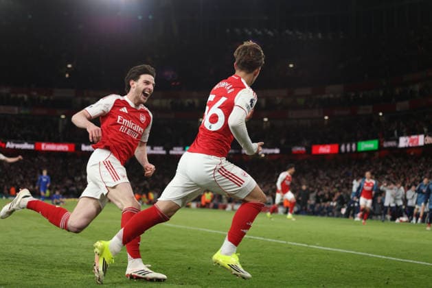 Max Robert Dowman (A) celebrates scoring the second Arsenal goal (2-0) with Declan Rice (A) at the Arsenal v Everton EPL match, at the Emirates Stadium, London, UK on 14th March, 2026. 